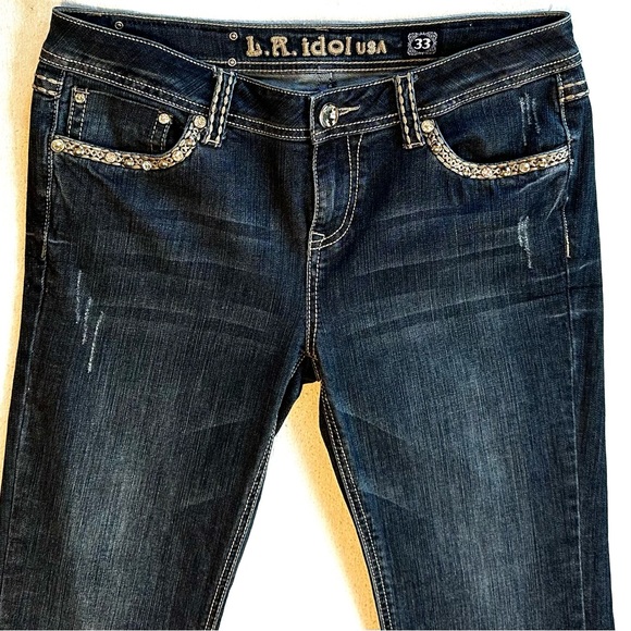 LA IDOL Y2K BOOTCUT BLING FLAP POCKET DISTRESSED RODEO FESTIVAL JEANS Sz11 33/34 - Picture 4 of 12